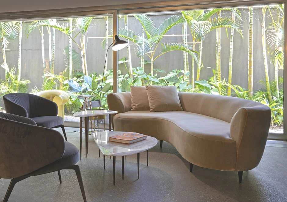 sofá curvo claro com duas almofadas com árvores finas ao fundo, duas cadeiras escuras do lado esquerdo e duas mesas de centro, uma delas com um livro.