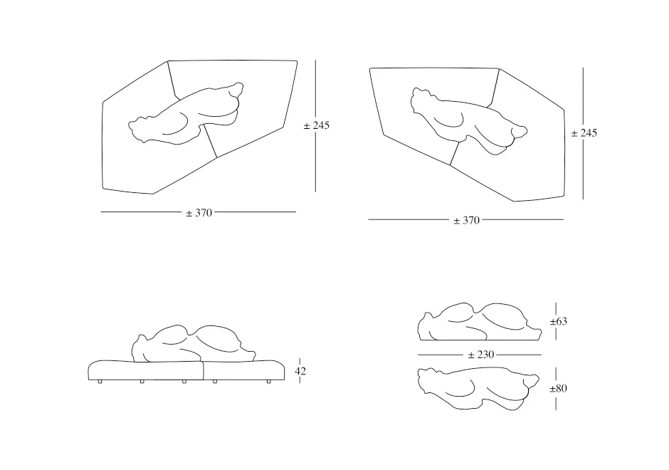 Desenhos de um sofá de design com estrutura de madeira, estofado em plumas e tecido.