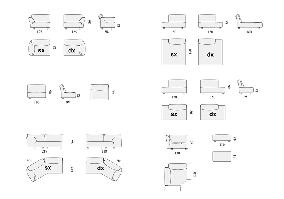 Desenho de diferentes partes de sofá modular com encosto articulado e estofado em tecido.