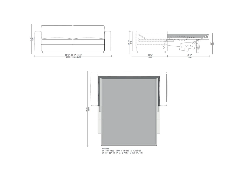 Desenhos de sofá-cama de espuma e estofamento em tecido.