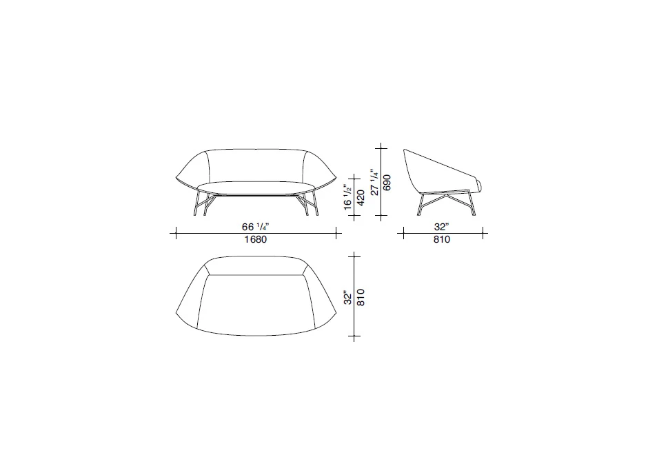 desenhos de sofá contemporâneo de 2 lugares com estrutura de metal, estofado em tecido.