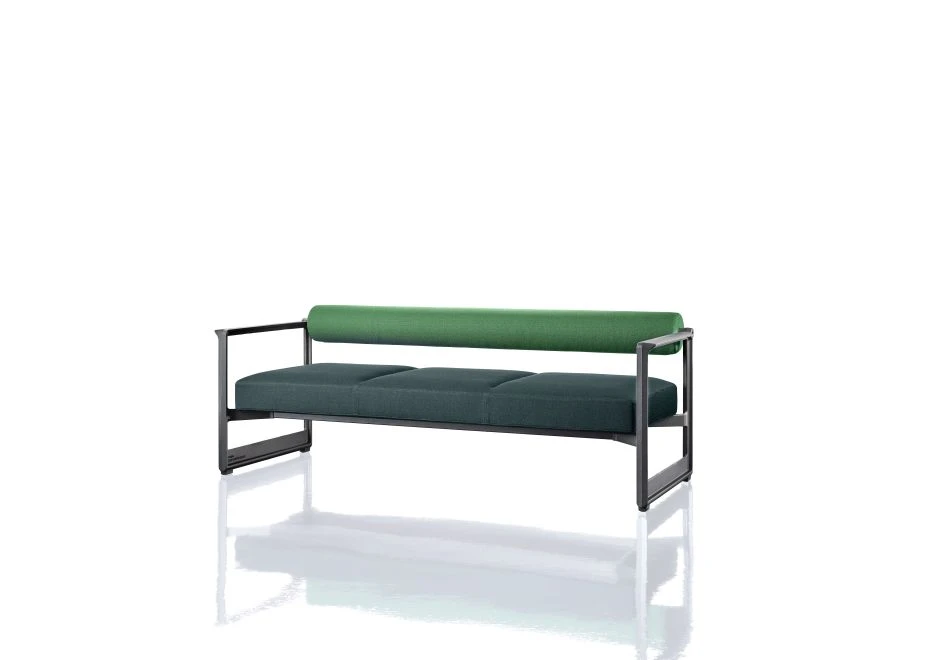 Sofá contemporâneo com estrutura em ferro fundido, e estofado em espuma, verde claro no encosto e verde escuro no assento, visto de lado em um fundo branco.