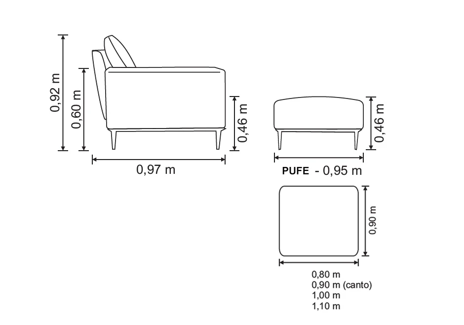 Desenhos em vários ângulos de um sofá modular, com indicações de medidas