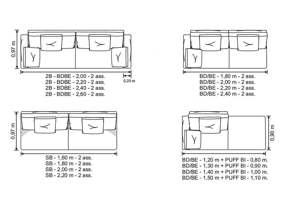 Desenhos vistos de cima de um sofá modular, com indicações de medidas