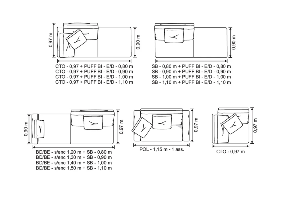 Desenhos vistos de cima de um sofá modular com almofadas, com indicações de medidas