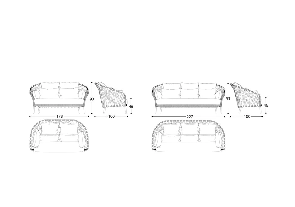 Desenhos de sofá com encosto em fita trançada à mão e estrutura de alumínio.