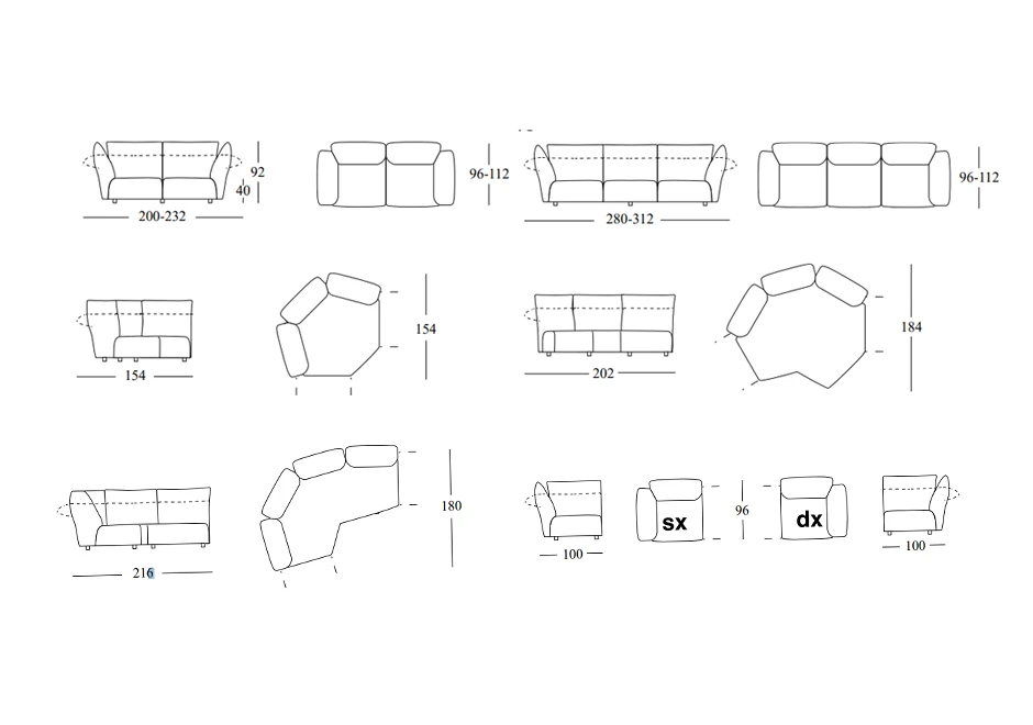 Desenhos de sofá de design, com estrutura metálica, almofadas e braços reclináveis.