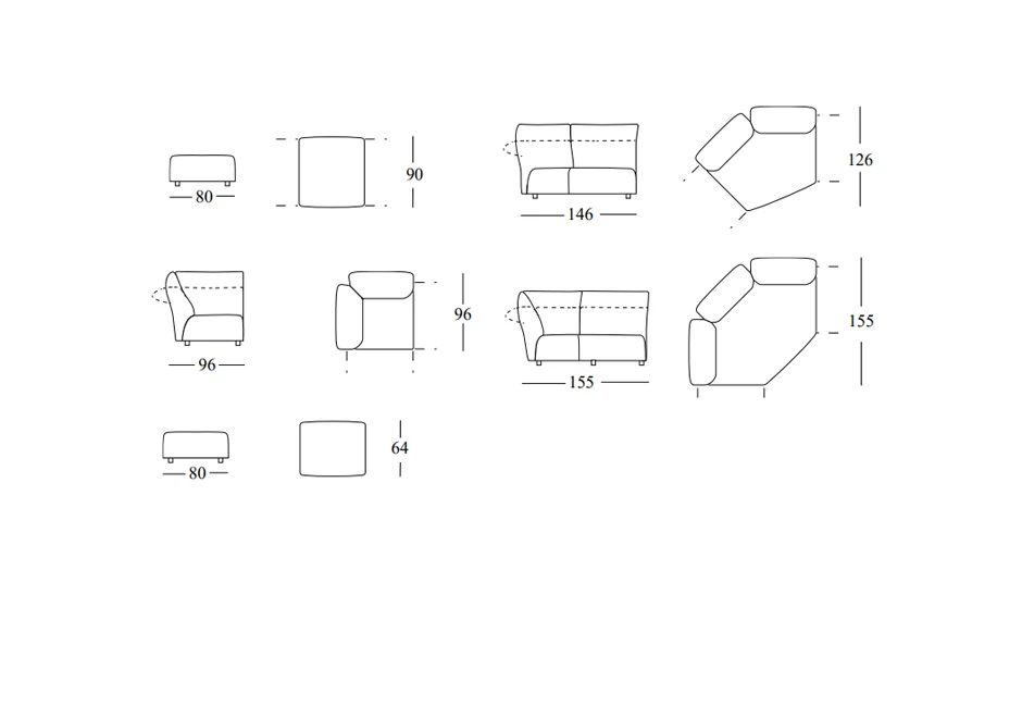 Desenhos de módulos de sofá de design, com estrutura metálica, almofadas e braços reclináveis.