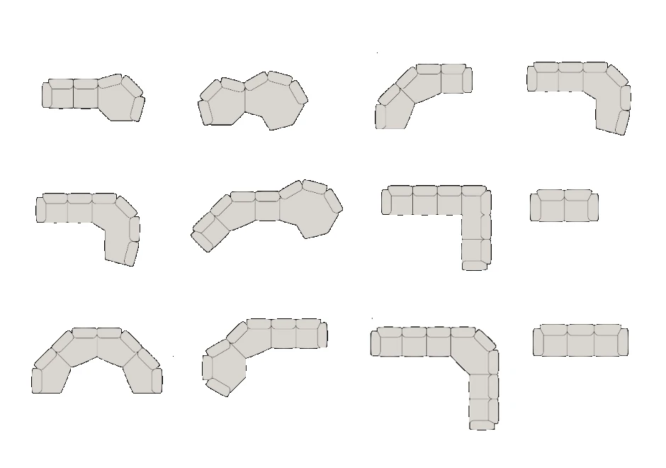 Desenhos de sofá de design, com estrutura metálica, almofadas e braços reclináveis, visto de cima.