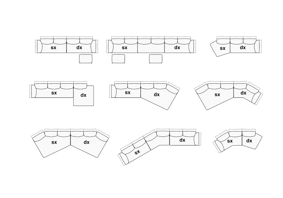 Desenho de sofá modular estofado em tecido, visto de cima.