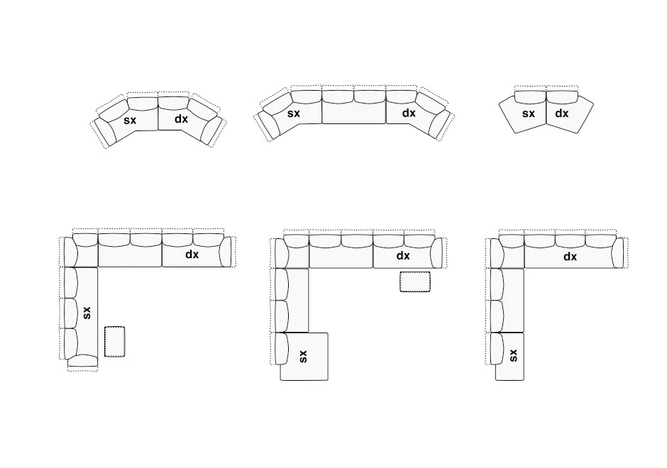 Desenho de sofá modular em formato de L,estofado em tecido, visto de cima.