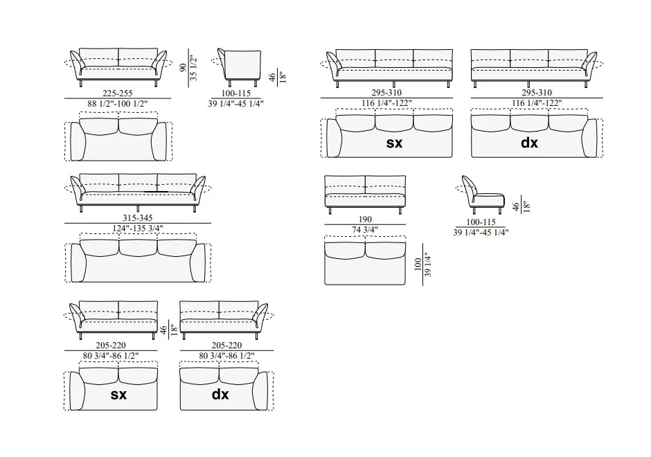 Desenho de módulos de sofá modular estofado em tecido, visto de cima.