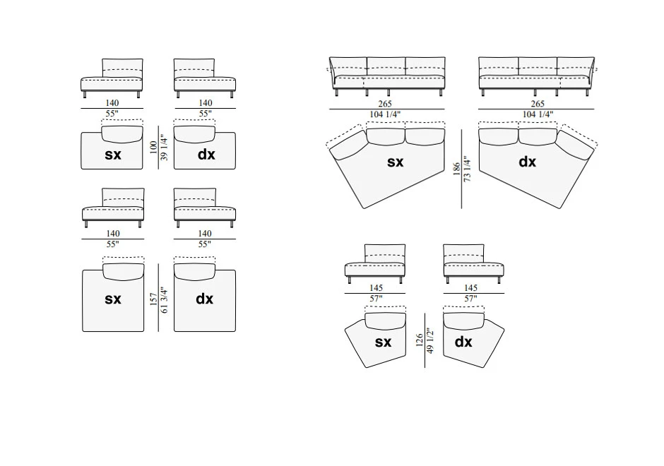 Desenho de diversos módulos de sofá modular estofado em tecido, visto de cima.