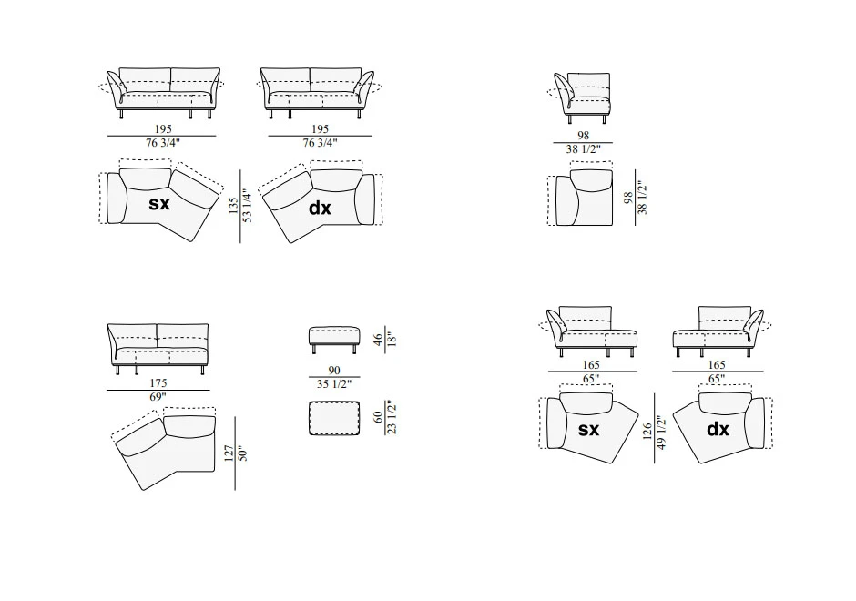 Desenho de módulos de sofá modular estofado, visto de cima.