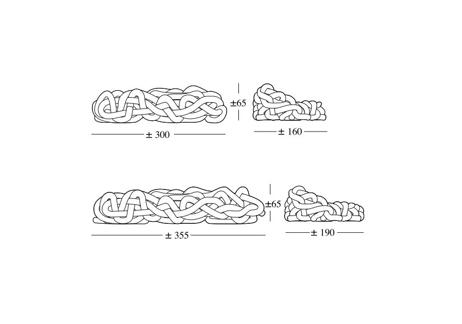 Desenhos em vários ângulos de um sofá de design moderno com estrutura tubular preenchida com várias densidades de espuma
