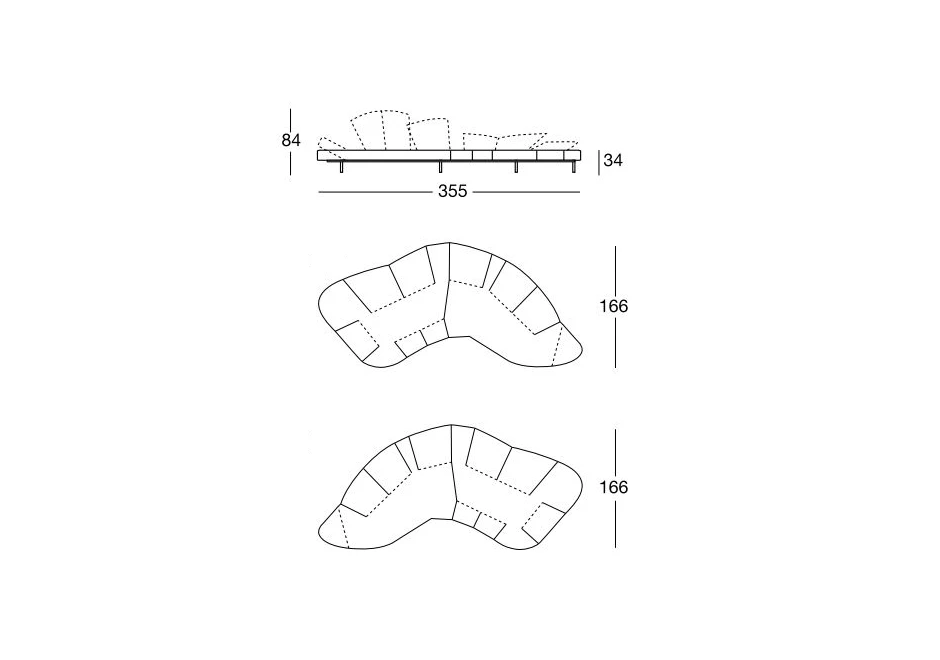 Desenho de vários angulos de sofá de design futurista, com estrutura de aço e mecanismo flexível com diferentes inclinações, em tecido tramado com cristais Swarovski.