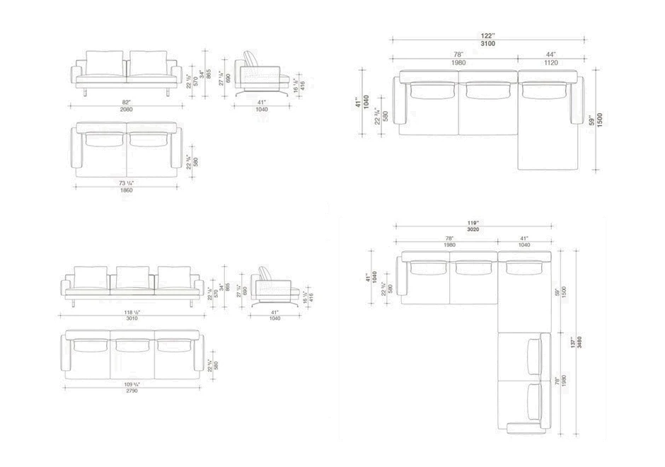 Desenhos de de sofá modular, com estrutura de metal e estofado.