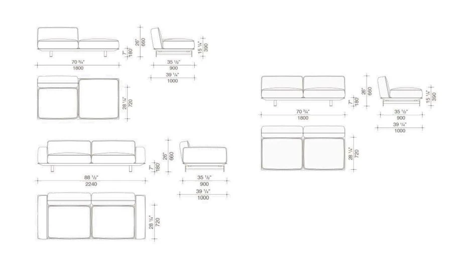 Desenho visto de cima de sofá modular com estrutura de metal, estofado em tecido.