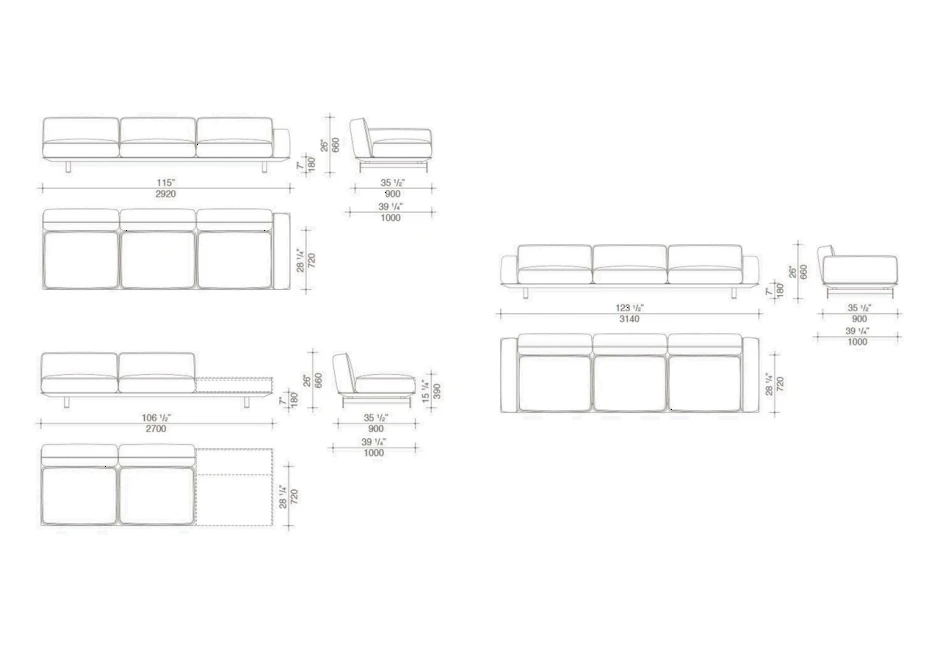 Desenho de sofá modular com estrutura de metal, estofado em tecido.