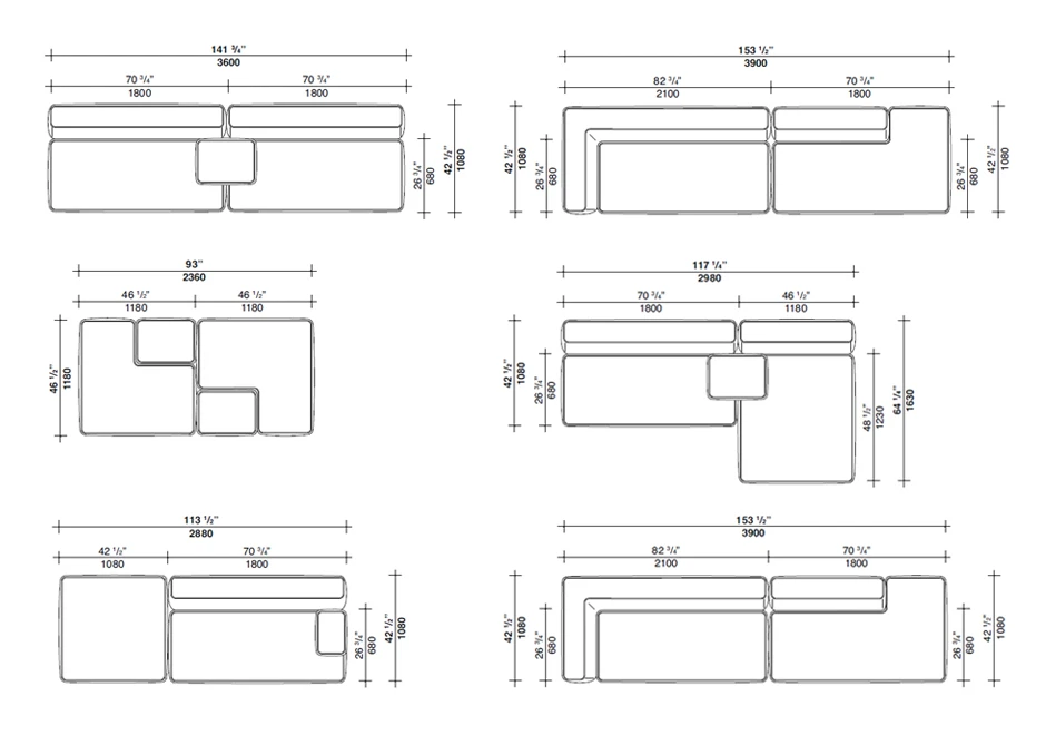 Desenhos em vários ângulos de sofá modular.
