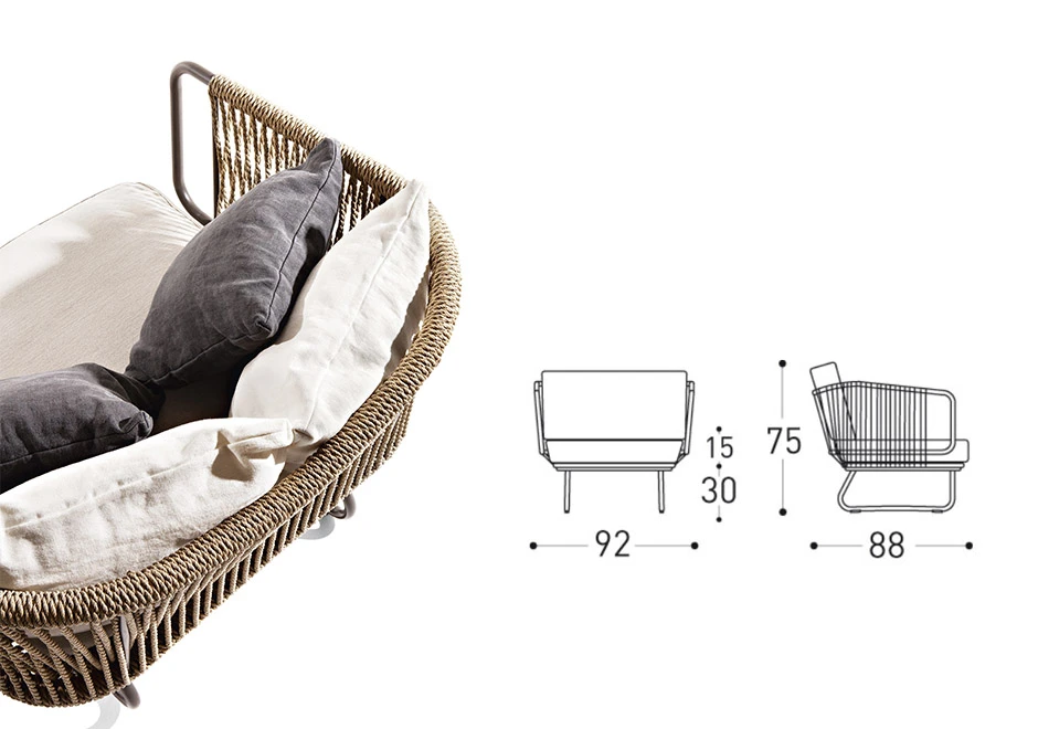 Poltrona externa BABYLON com estrutura em alumínio pintado, corda de fibra sintética de cânhamo e almofada em tecido - medidas