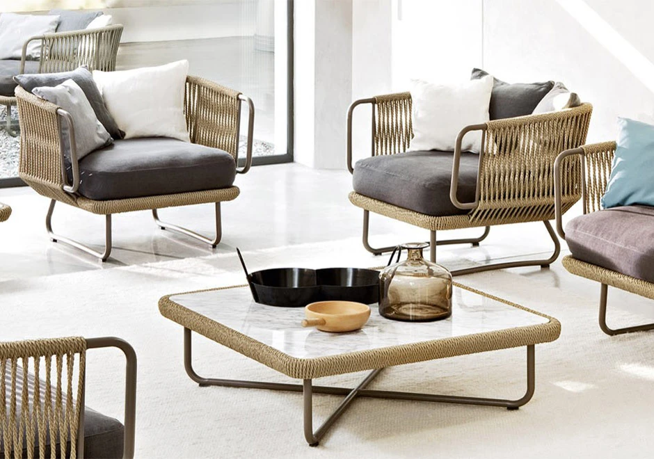 Poltrona externa BABYLON com estrutura em alumínio pintado, corda de fibra sintética de cânhamo e almofada em tecido - foto 2