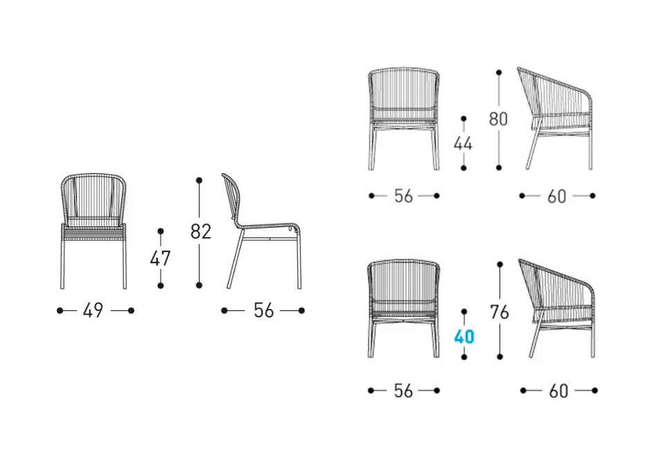 Desenhos de cadeira assinada por Anki Gneib com estrutura de alumínio e assento revestido com fibra sintética trançada a mão, visto de vários angulos.