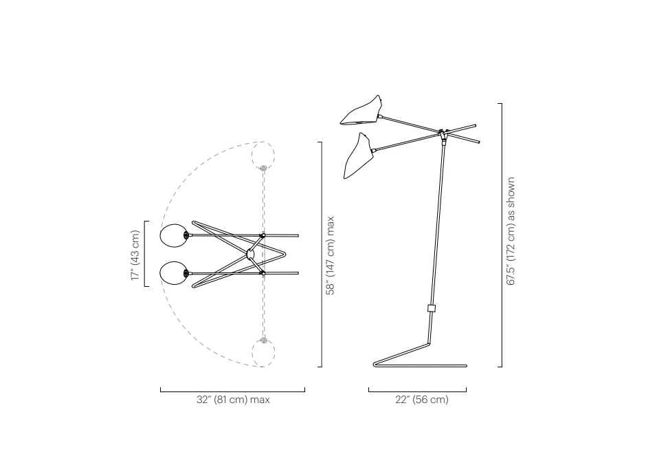 Luminária de chão Doublepod com hastes de aço giratórias e duas opções de cúpulas giratórias 320 grau - medidas
