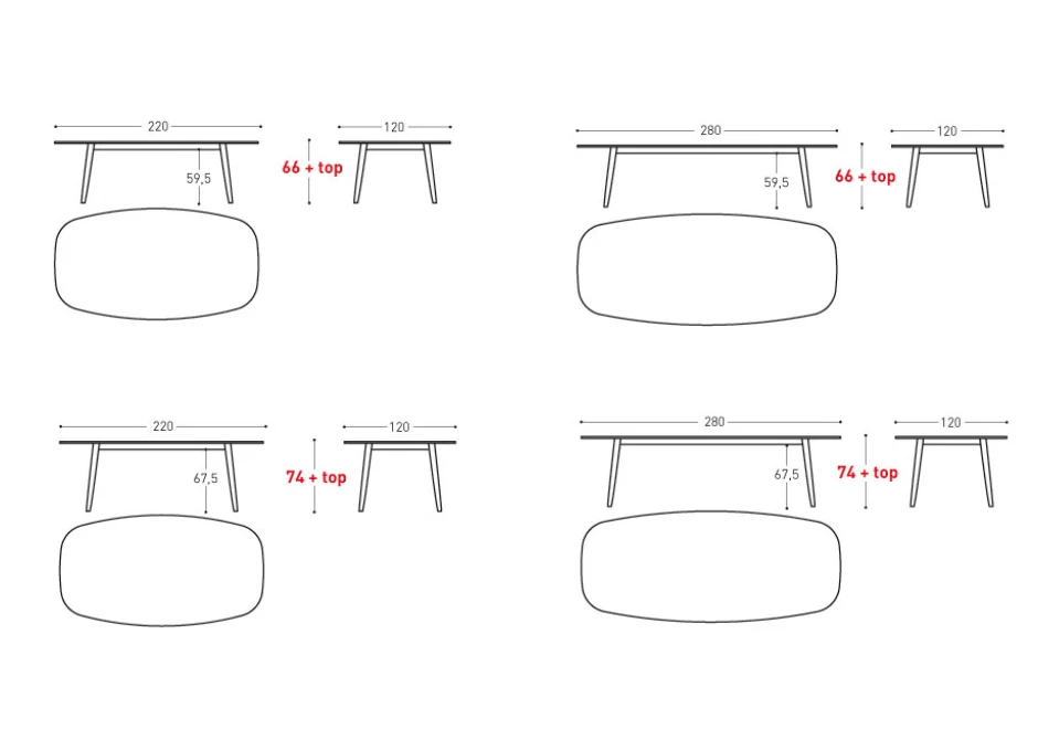 Mesa de jantar Ellisse com estrutura em alumínio pintado e tampo em cerâmica ou laminado - medidas