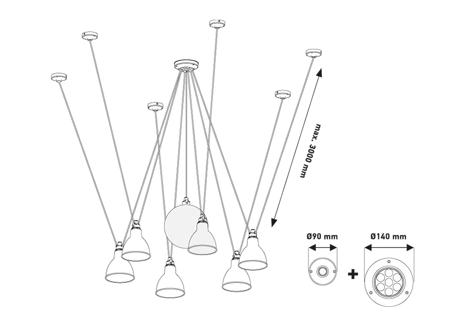 Luminária de teto Les Acrobates de Gras 327 com globo central de vidro branco e 6 cúpulas de aço pretas - medidas