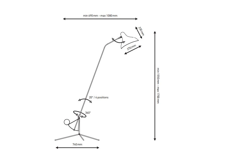 Luminária de chão Mantis BS1 com tripé de aço niquelado ou pintado de preto - medidas