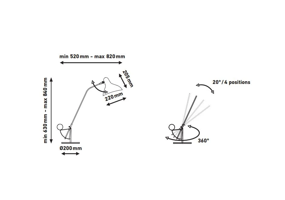 Luminária de mesa Mantis BS3com com estrutura de aço niquelado pintado de preto ou de verde - medidas