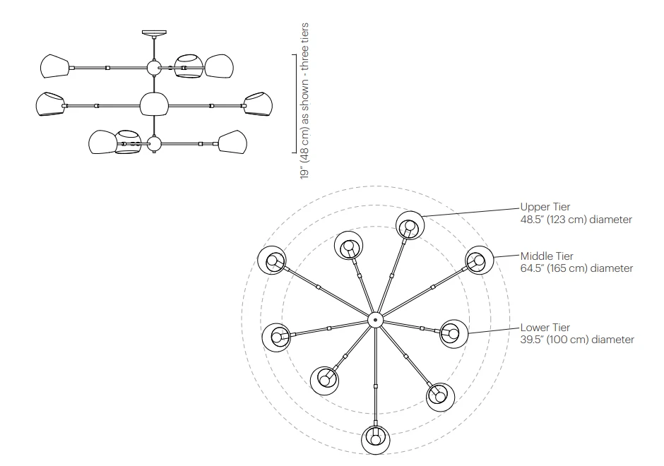 Luminária de teto Tri Boi com três hastes de aço e cúpulas articuladas de alumínio, ambas com pintura eletrostática - medidas