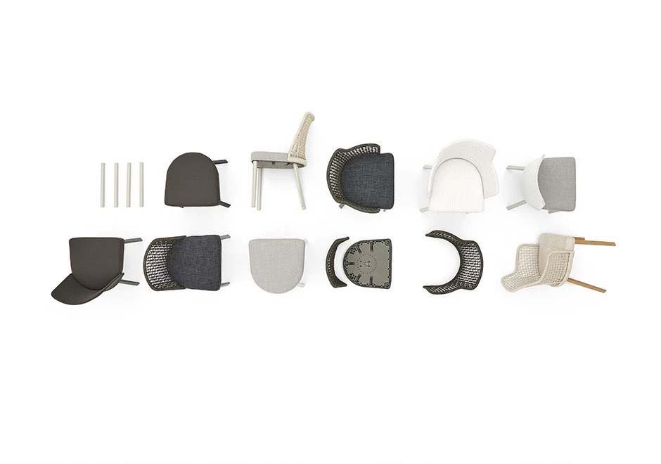 Vários modelos e cores de Seis cadeira assinada com estrutura em madeira Iroko natural e assento revestido em tecido e encosto com estrutura de alumínio com acabamento em corda trançada à mão ou tecido. Visto de cima em um fundo branco.