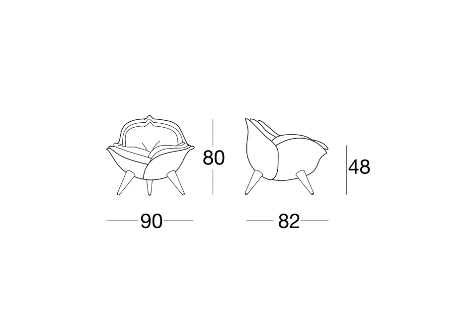 Poltrona design ROSE com estrutura de aço moldado em multicamadas, pés em alumínio escovado e o estofado de espuma de poliuretano é revestido em veludo - medidas