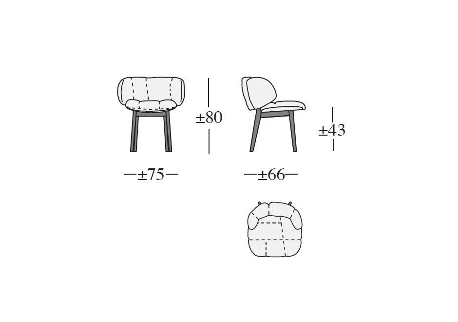 Desenhos de uma cadeira Irmãos Campana com estrutura de madeira, assento e encosto de veludo.