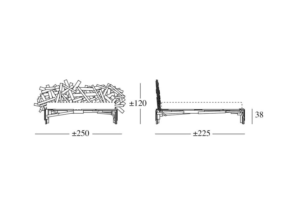 Cama Campana Favela com ripas de madeira Pinus fixadas manualmente, que remete às estruturas das casas das favelas - medidas