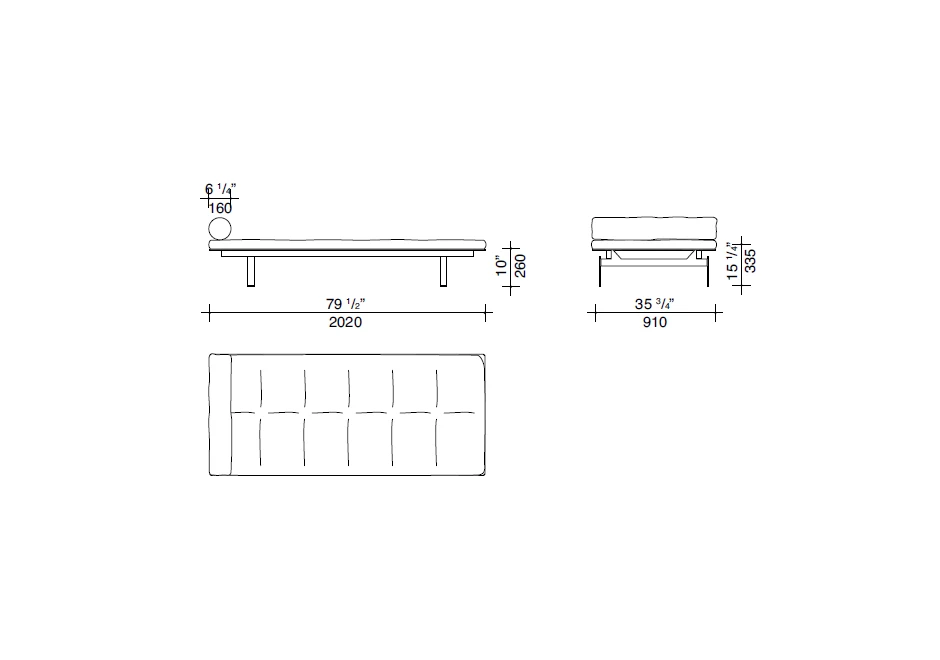 Desenho de chaise Daybed com estrutura de metal e espuma de poliuretano.