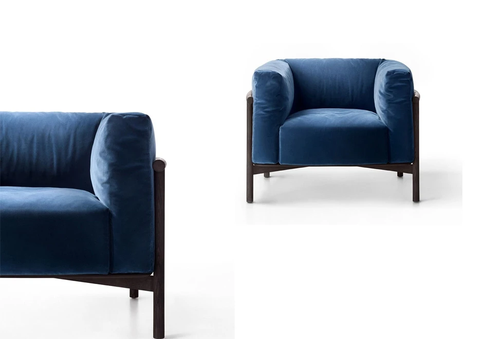 Poltrona de estilo nórdico TAIKI, por Chiara Andreatti, com estrutura de madeira de alta qualidade e estofada em couro ou tecido - foto 7