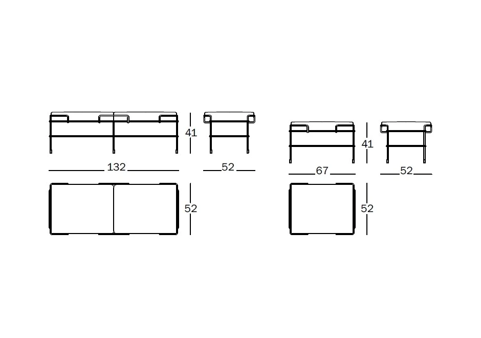 Desenho de Banco de design com estrutura de aço pintado e almofada de poliuretano expandido com capa de tecido ou couro.