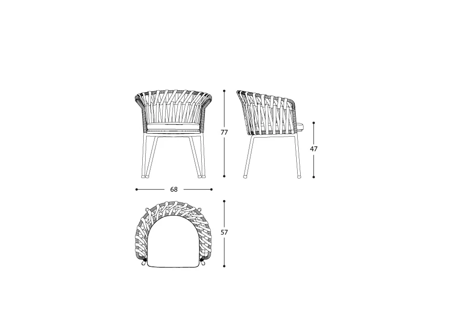 Desenhos de cadeira assinada com estrutura de alumínio com pintura eletrostática, mostrando medidas