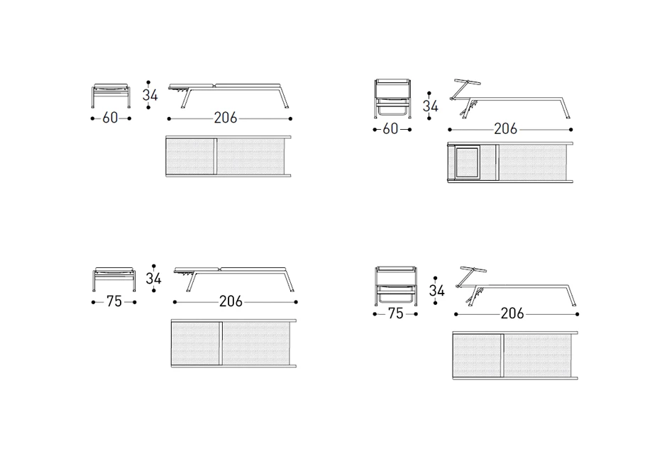 Desenho de chaise longue com estrutura de alumínio, assento e encosto em PVC.