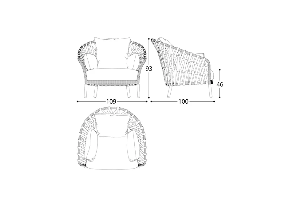 Poltrona baixa EMMA CROSS com estrutura de alumínio com pintura eletrostática e encosto com fita em tecido impermeável trançada à mão - medidas