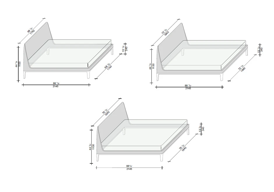 Cama design Victoriano com estrutura em madeira Freixo, cabeceira alta e levemente curvada nas laterais - medidas