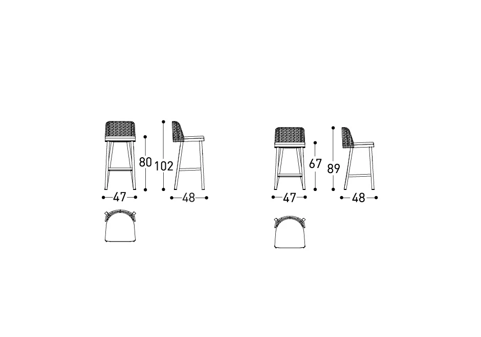 Desenho de banco de design, com estrutura em alumínio e assento revestido em tecido e encosto com estrutura de alumínio com acabamento em corda trançada à mão.