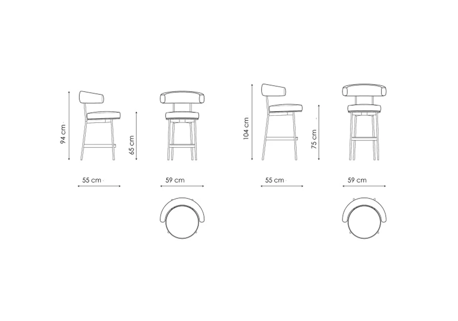 Desenho de Banqueta de bar com estrutura tubular de aço com acabamento em pintura eletrostática, encosto revestido em espuma de poliuretano e assento revestido em espuma de alta-densidade.