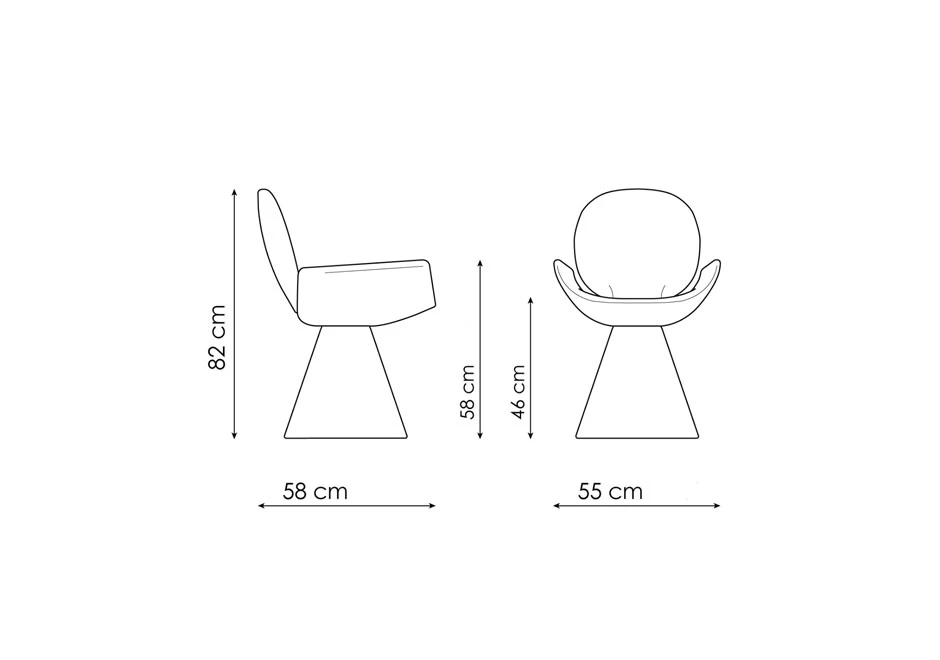 Desenho de cadeira de design com estrutura de aço cônica e assento e encosto em espuma de poliuretano, estofada em tecido cinza, vista de lado em um fundo branco.