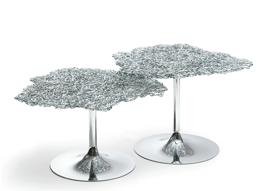 Mesa de designer DIAMANTE com base em aço polido e tampo em fios de policarbonato translúcidos, tramados à mão - foto 2