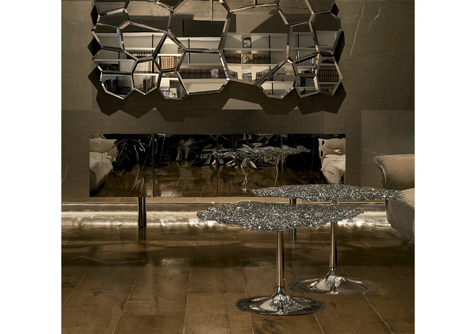 Mesa de designer DIAMANTE com base em aço polido e tampo em fios de policarbonato translúcidos, tramados à mão - foto 4