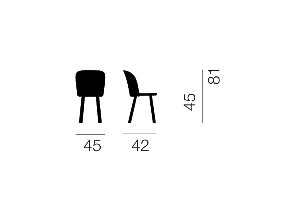 dois desenhos de uma cadeira assinada, um de lado, outro de frente, com indicações de medidas.